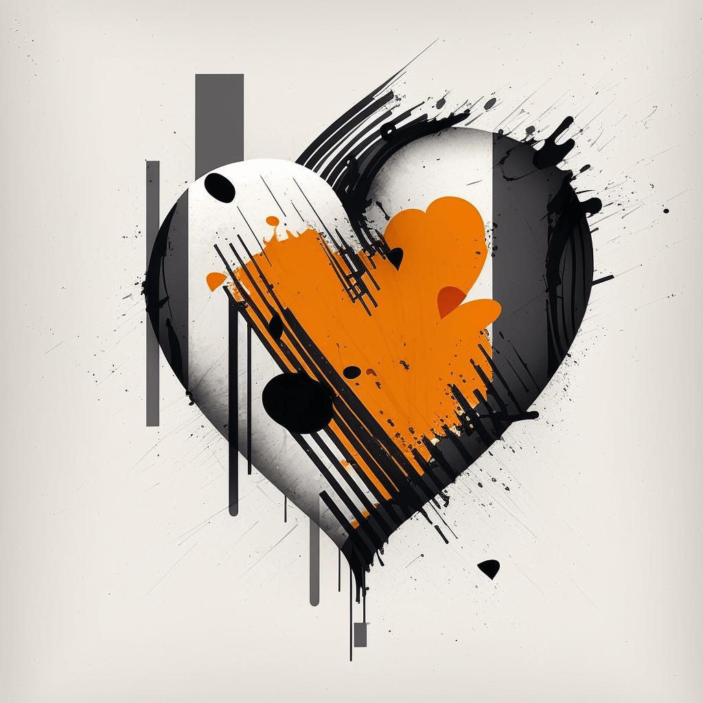 Un coeur stylisé, blanc, gris orange et noir