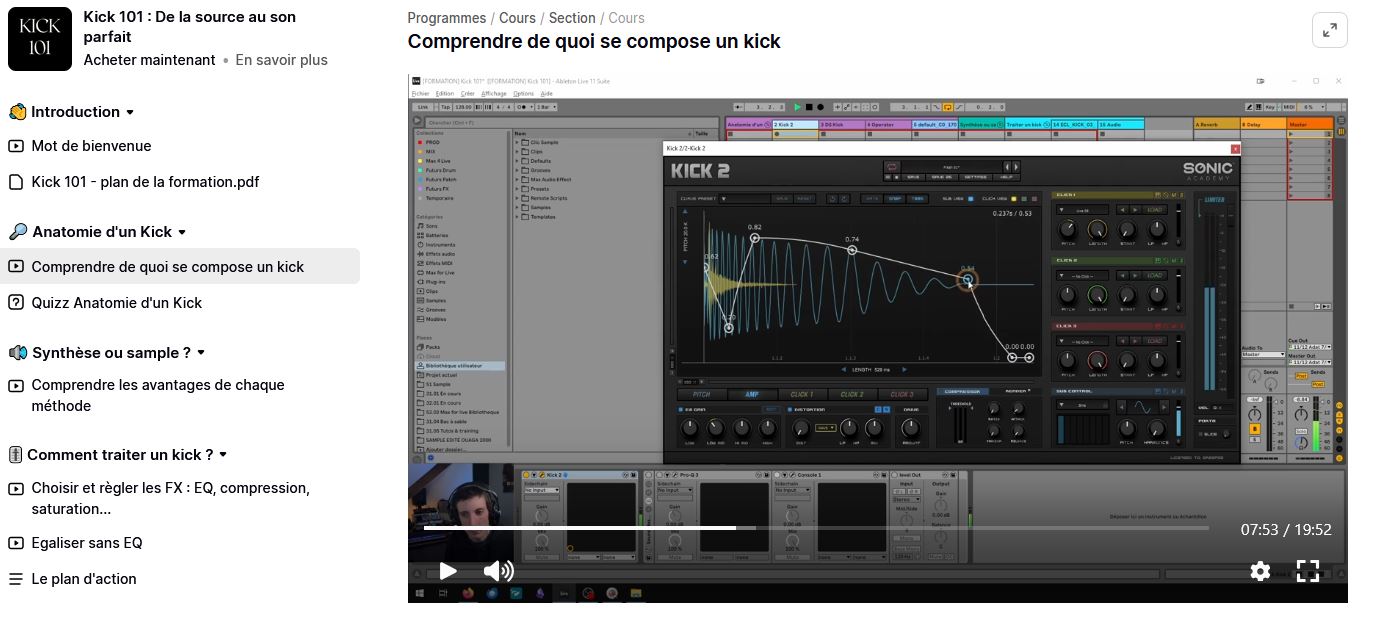 Un appercue de l'interface pour la formation Kick 101