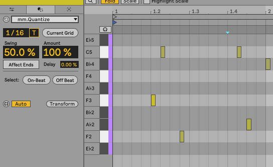 Vue détaillée d'un clip MIDI Ableton Live avec vélocités et durées de notes
